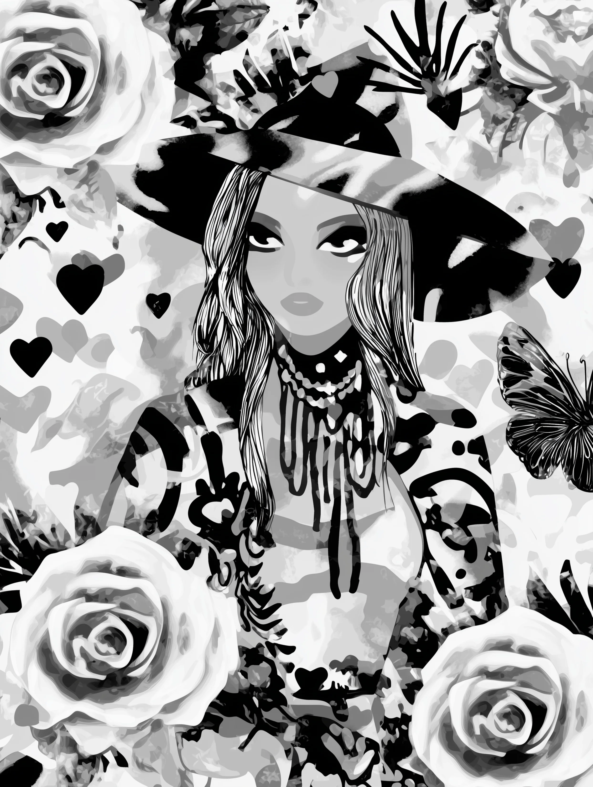 Free printable witch coloring page for adults featuring a witch with a few hearts